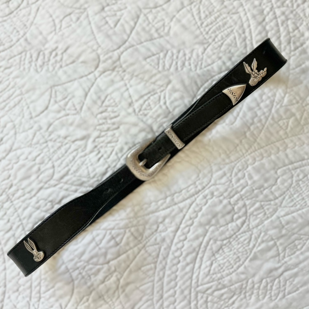 Vintage 1992 WB Looney Tunes Black Leather Belt w Metal Characters